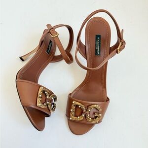 Dolce & Gabbana Brown Calfskin Leather Amore 95mm DG Pearl-embellished Sandals